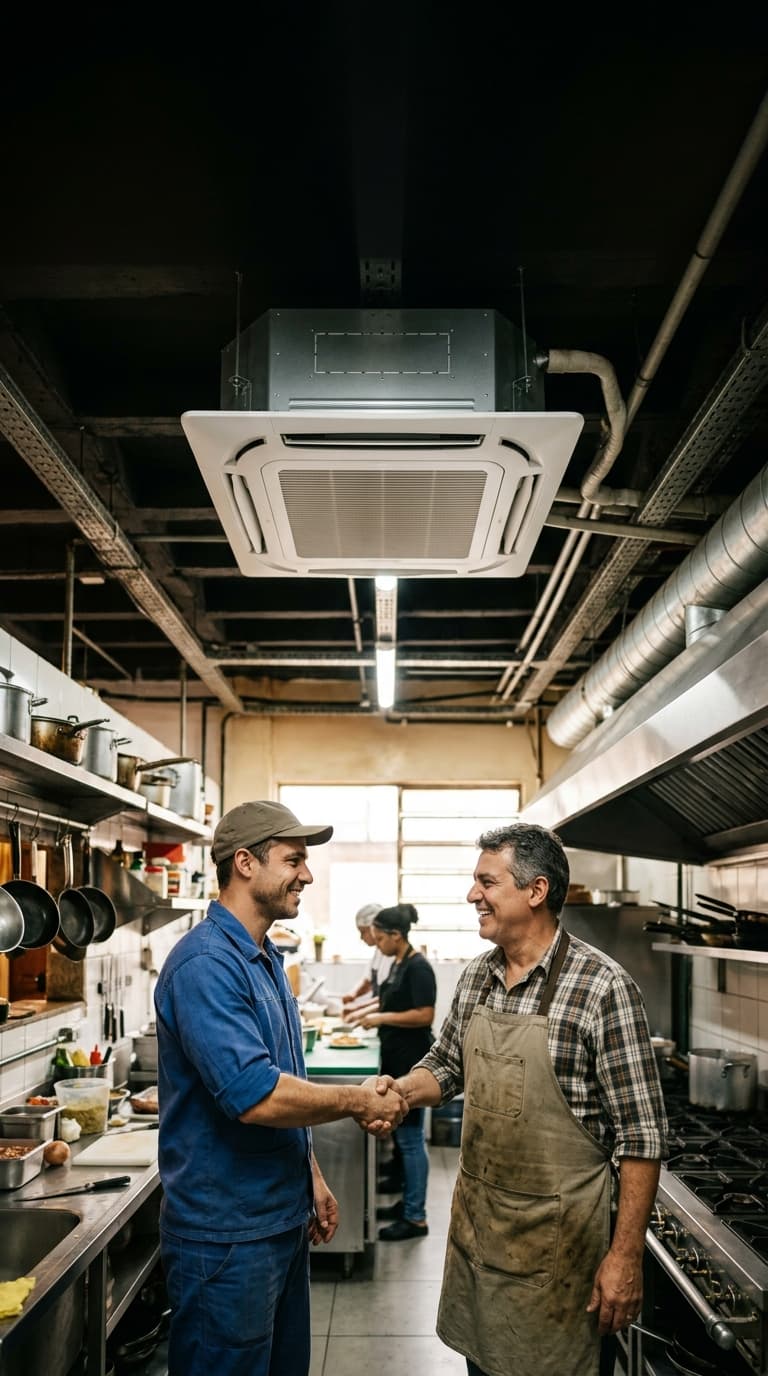 Técnico de climatização cumprimentando o dono de um restaurante embaixo de um ar-condicionado cassete instalado no teto da cozinha