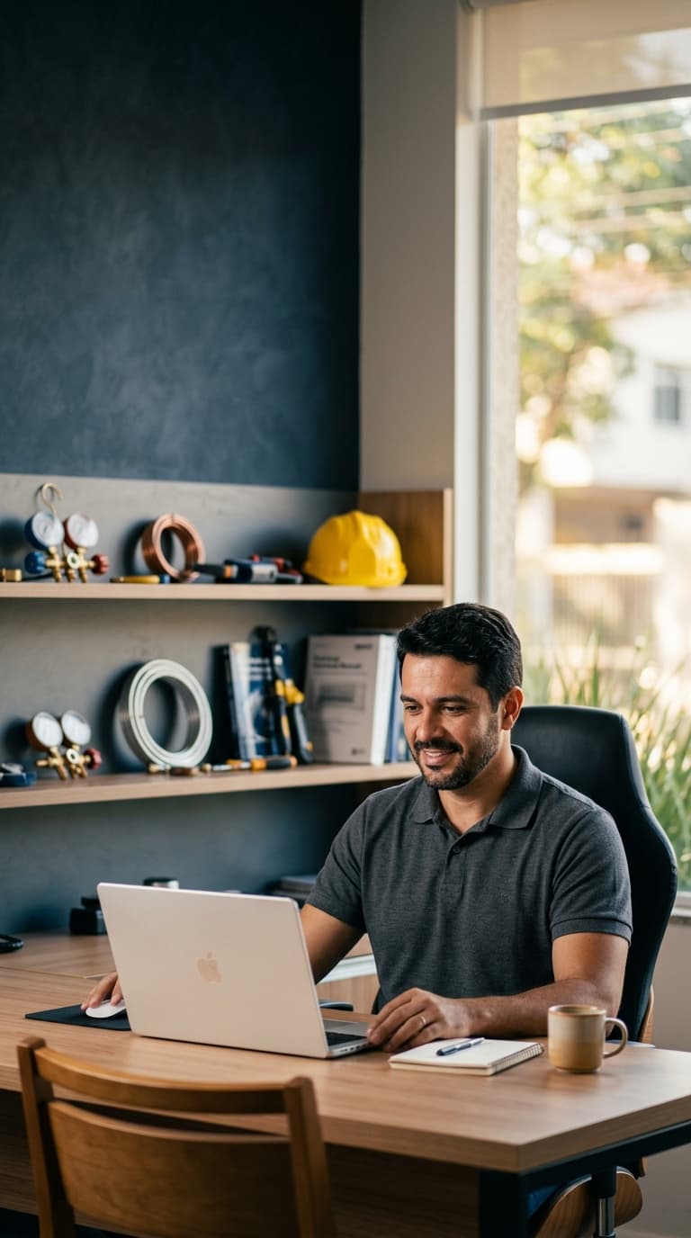Gestor de uma empresa de climatização trabalhando no notebook, com manifold, tubo de cobre e capacete na estante ao fundo