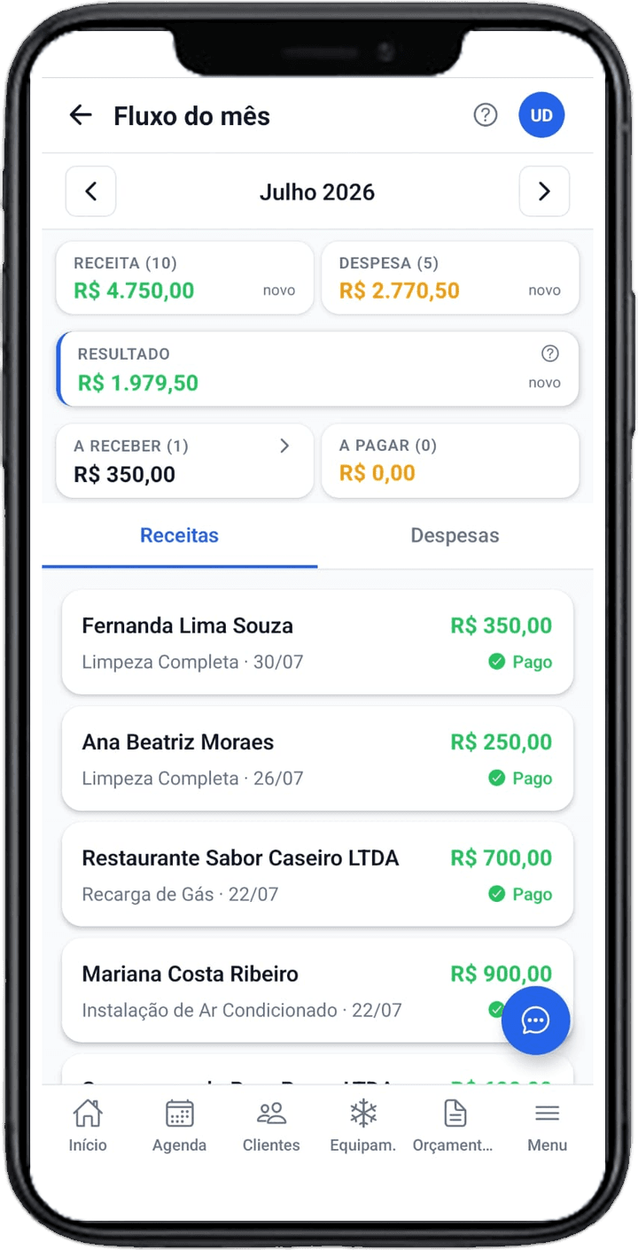 FrioApp no celular, na tela de Fluxo do mês, com receita, despesa e resultado